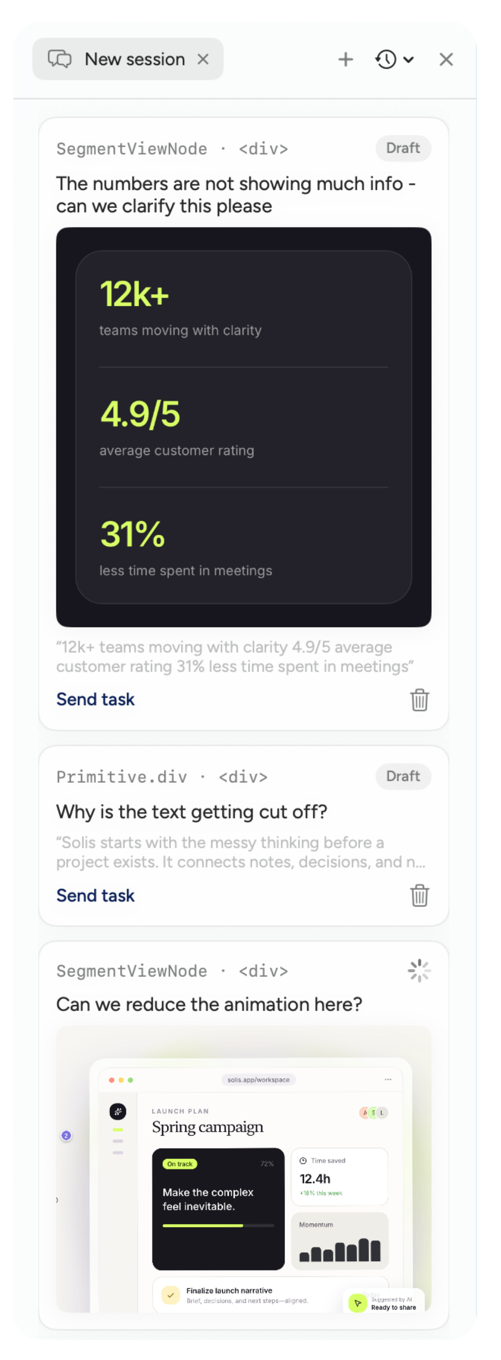 A Refyn task list containing precise visual feedback ready to send